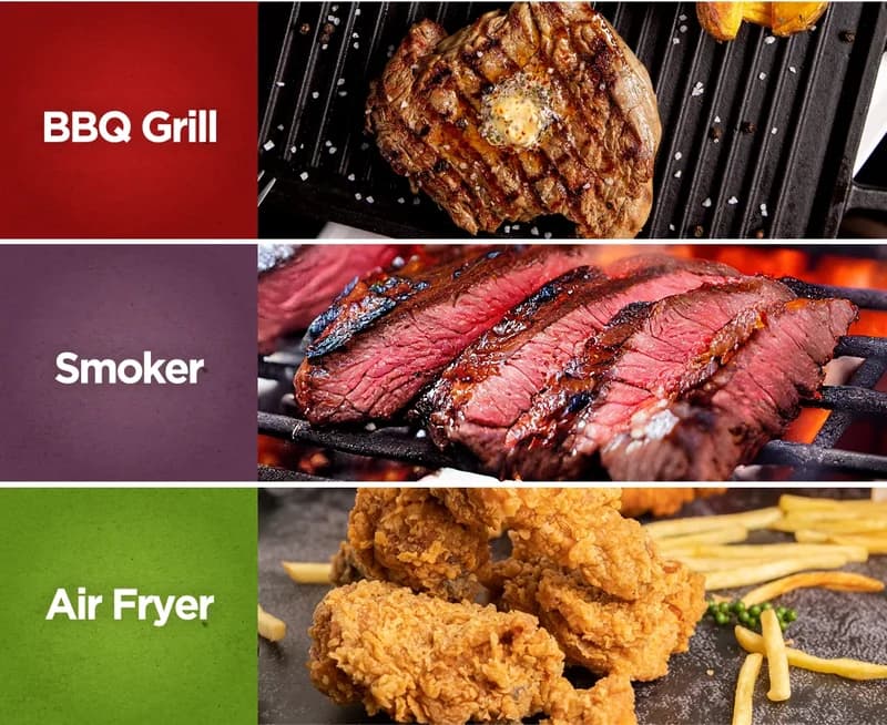 BBQ Grill, Smoker and Air Fryer — grilled steak, smoked beef and crispy fried chicken